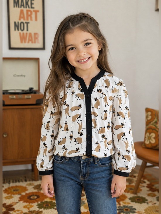 Gymboree Other - Gymboree Retro Cat Print Button Down Blouse Girls Size 7 NWT White Black Tan